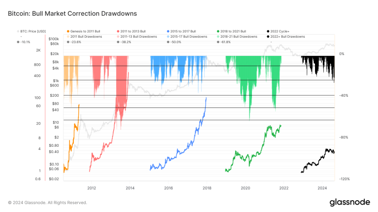 Bitcoin's 2022 bull cycle shows recurring deep corrections, aligning with historical patterns