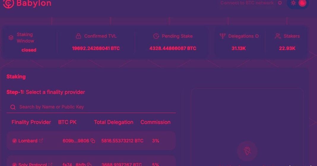 Screenshot from Babylon's staking dashboard (Babylon)