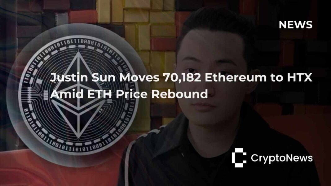 Justin Sun Moves 70,182 Ethereum to HTX Amid ETH Price Rebound